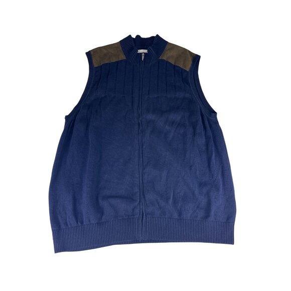 Alex Cannon Zip Up Sweater Vest Men's XXL Navy Blue Brown Faux Suede Shoulders - Picture 1 of 4